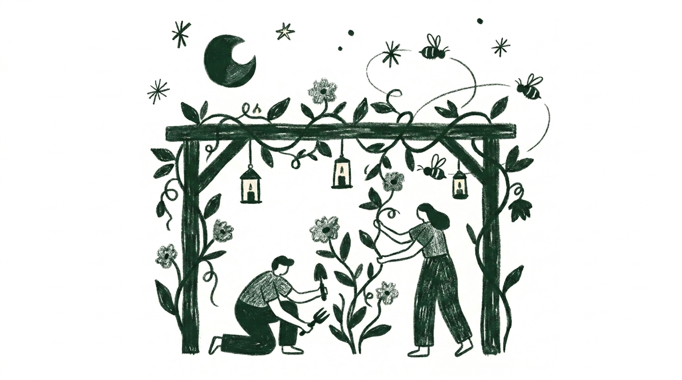Two people tending a flowering arbor